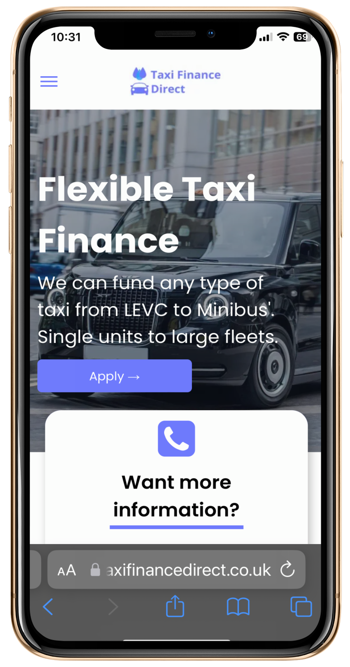 iPhone with home page of taxi finance direct website on.
