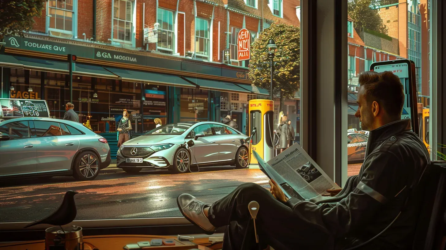 A Taxi driver waiting in a cafe for his Mercedes EQE taxi to charge.