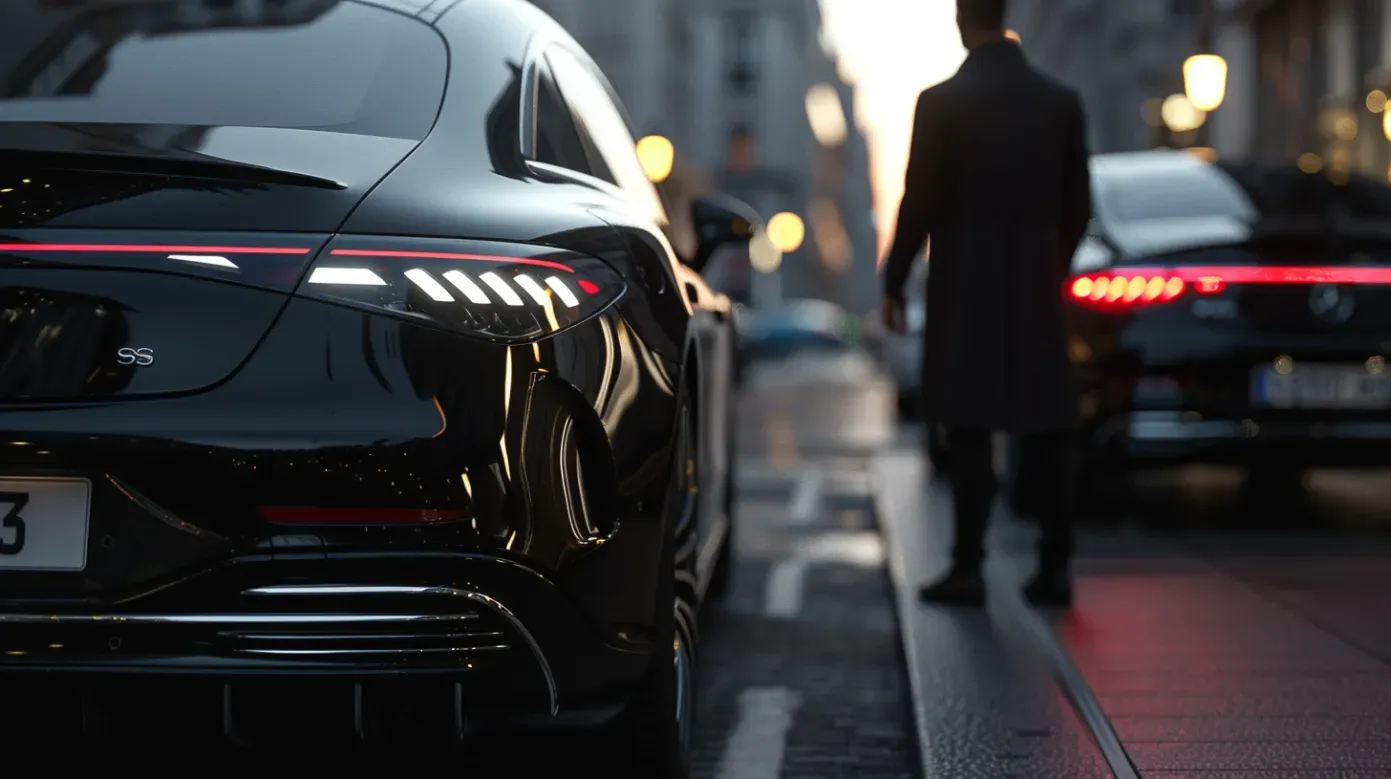Image of a chauffeur stood between 2  Mercedes EQS's.