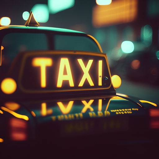 Yellow taxi sign on top of a vehicle at night