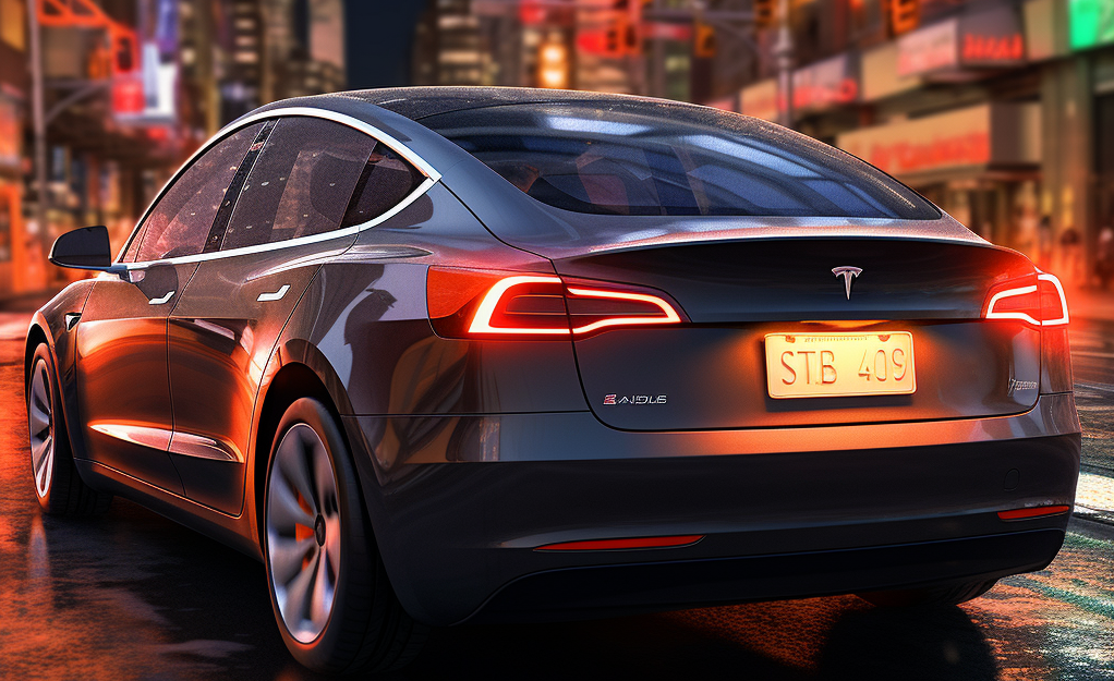 great tesla model 3 at twilight with lights on and evening sun reflecting of the body