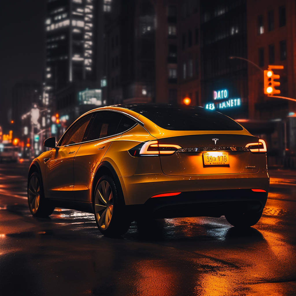 Yellow tesla model y as a taxi on a night time city street