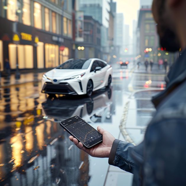 image of yellow taxi tesla model 3 with city background at night