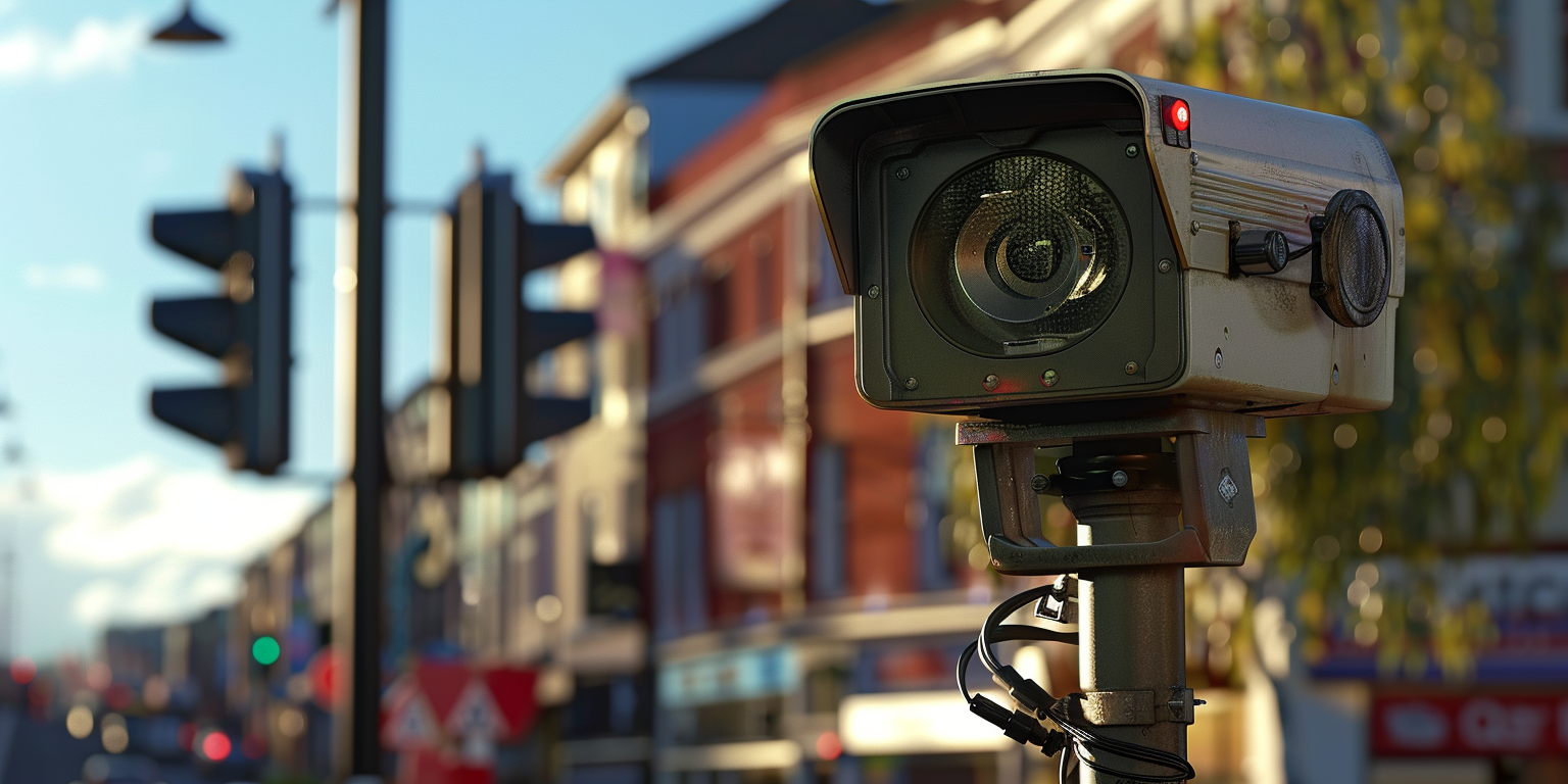 Picture of a LEZ traffic camera overlooking a Edinburgh city street.
