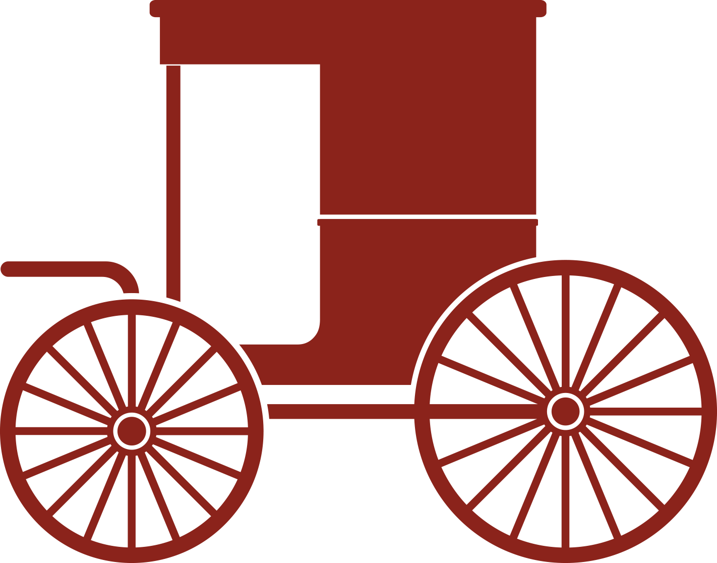 Maroon horse-drawn carriage silhouette with large spoked wheels on a white background