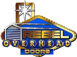 The rebel overhead doors logo is a blue and gold sign with a star on it.