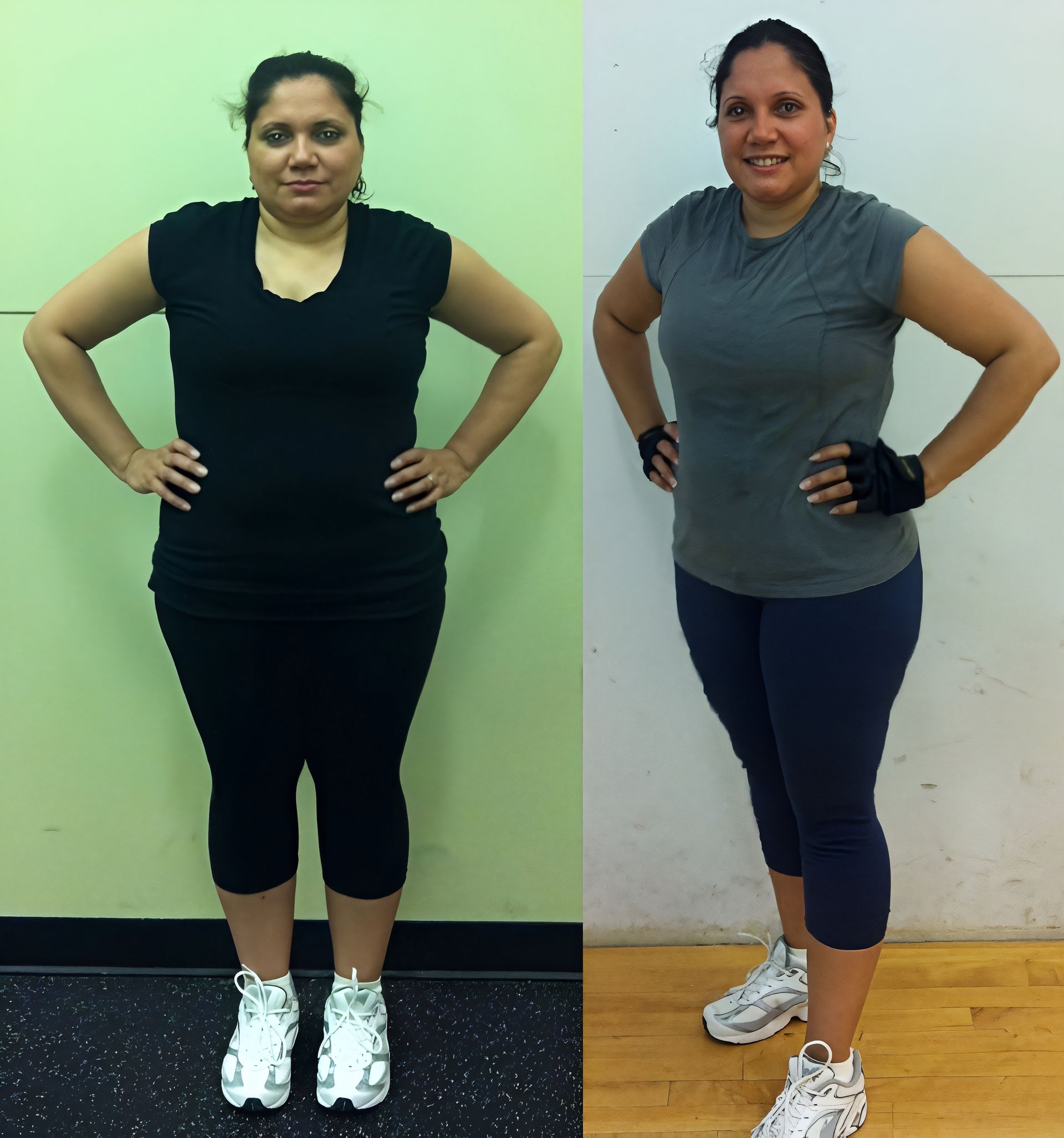 A before and after photo of a woman standing with her hands on her hips
