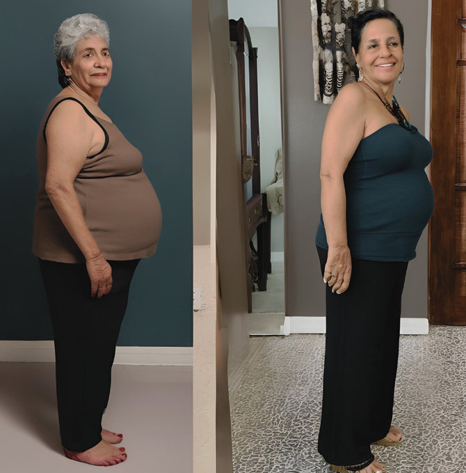 Two women are standing next to each other and one is pregnant