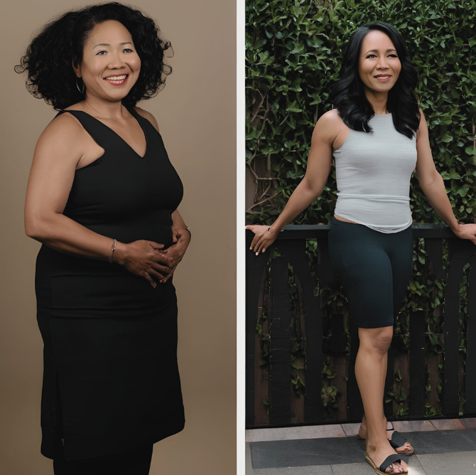A woman in a black dress and a woman in a white tank top