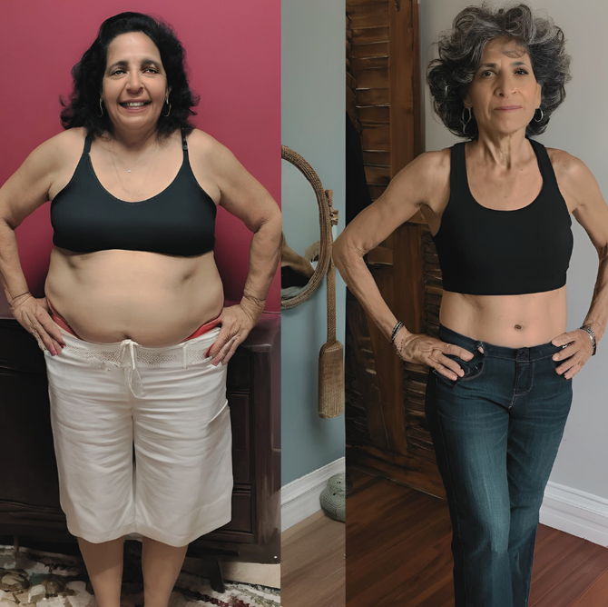 A woman is shown before and after losing weight