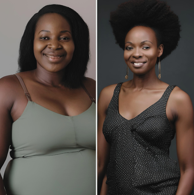 A woman in a green bra and a woman in a black dress