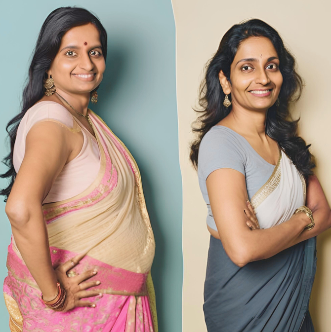 A woman in a pink saree is smiling next to another woman in a grey shirt
