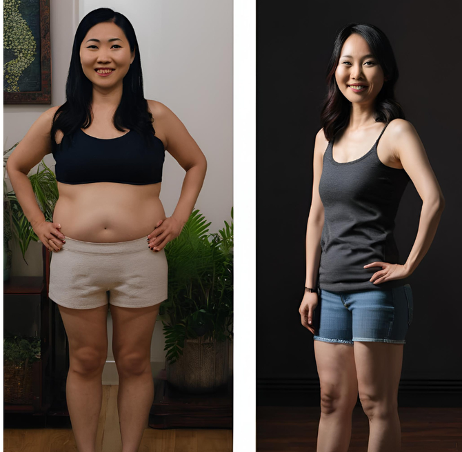 A before and after photo of a woman wearing shorts and a tank top
