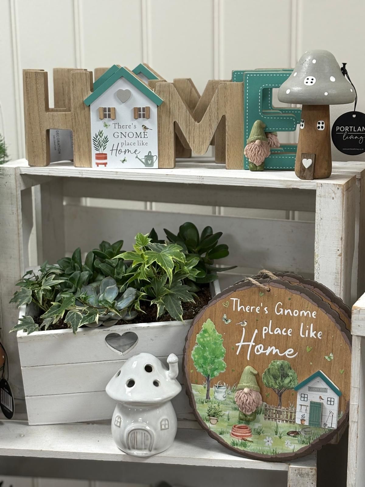 Shelves displaying home decor: wooden 