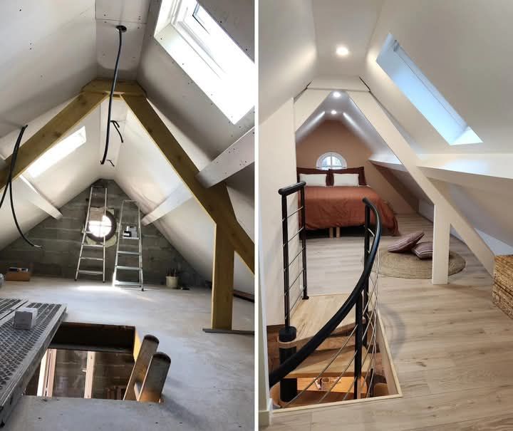 Deux photos d'un grenier avec une échelle et des escaliers à Fécamp en Normandie