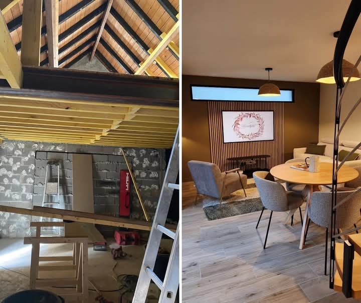 Une photo avant et après d'un salon en cours de rénovation. à Fécamp en Normandie