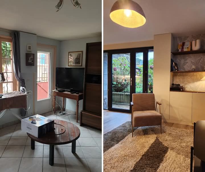 Deux photos d'un salon avant et après rénovation. à Fécamp en Normandie
