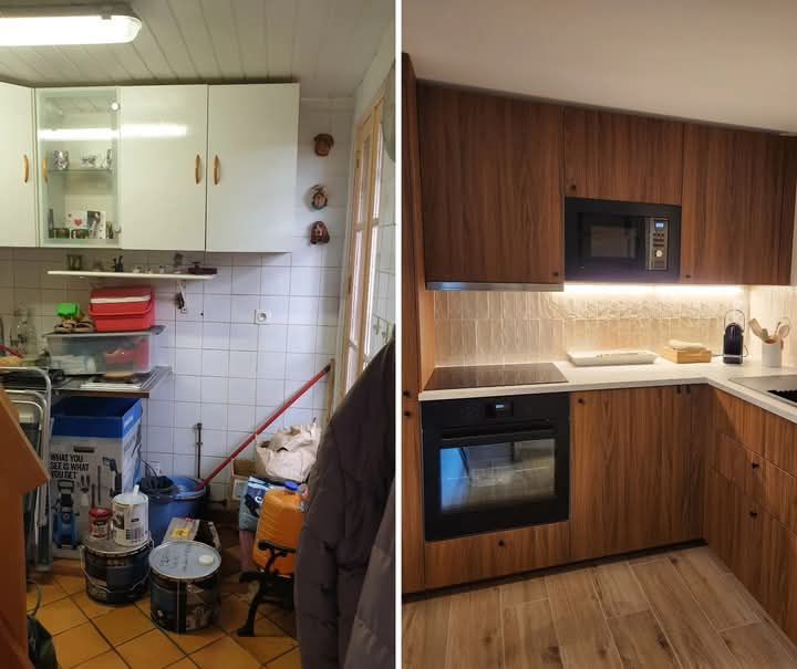 Une photo avant et après d'une cuisine avec des armoires en bois à Fécamp en Normandie