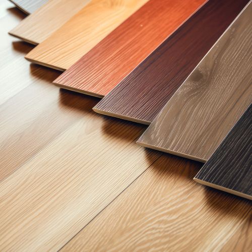 A bunch of different colored wooden boards are lined up on a wooden floor.