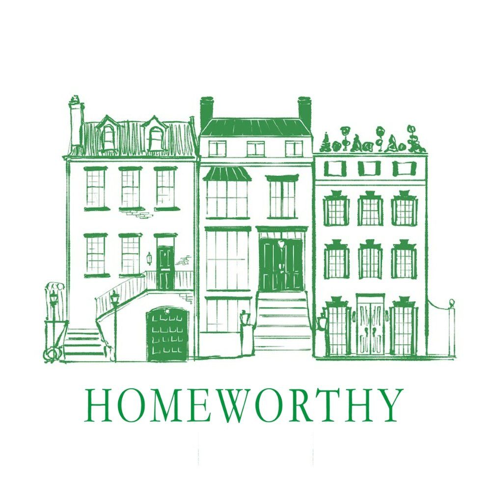 A drawing of a row of houses with the word homeworthy on the bottom