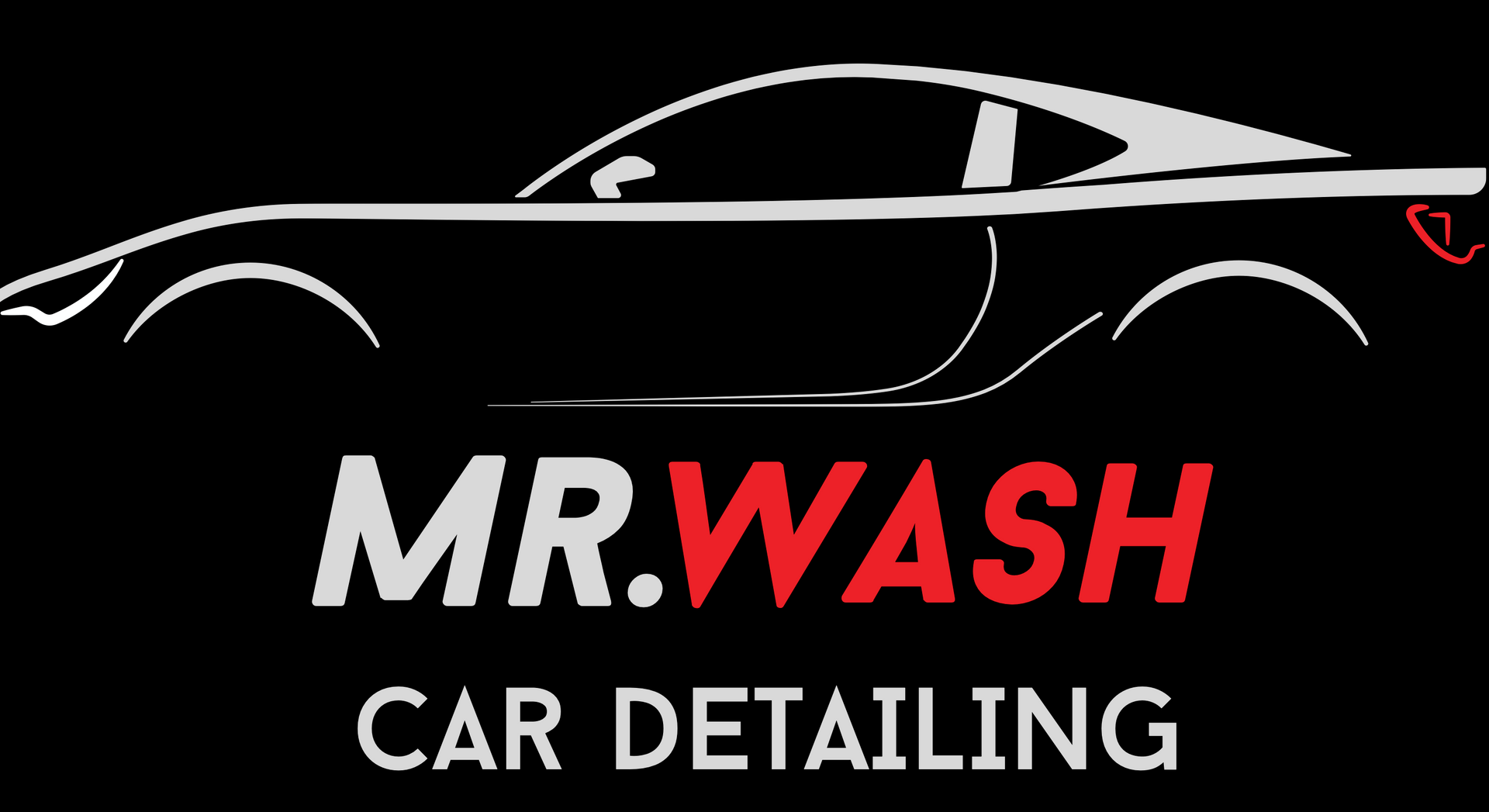 White car silhouette logo, "MR. WASH" with red "WASH" text, "CAR DETAILING" below, on black background.