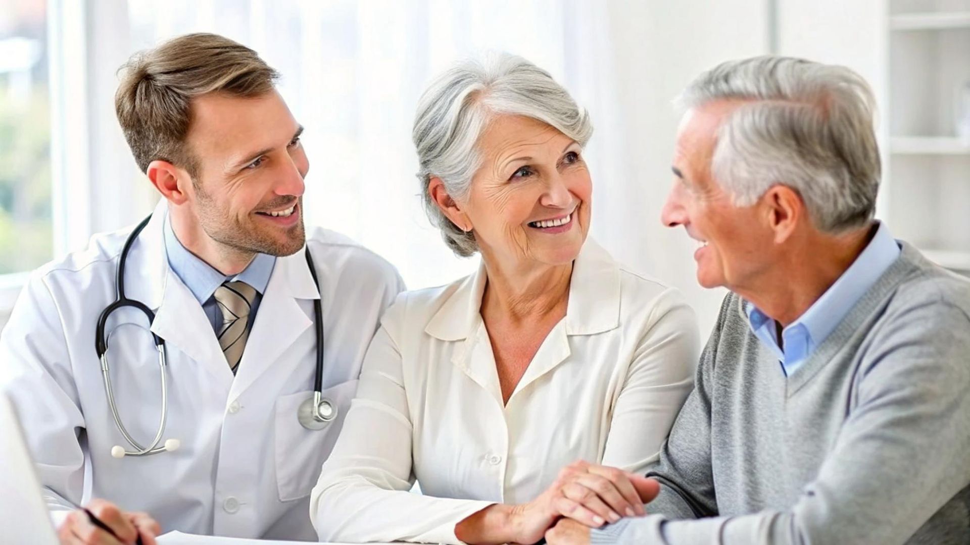 Doctor smiling at senior couple. White coats, friendly expressions, indoor setting.