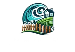 A house with a fence and a wave in the background.