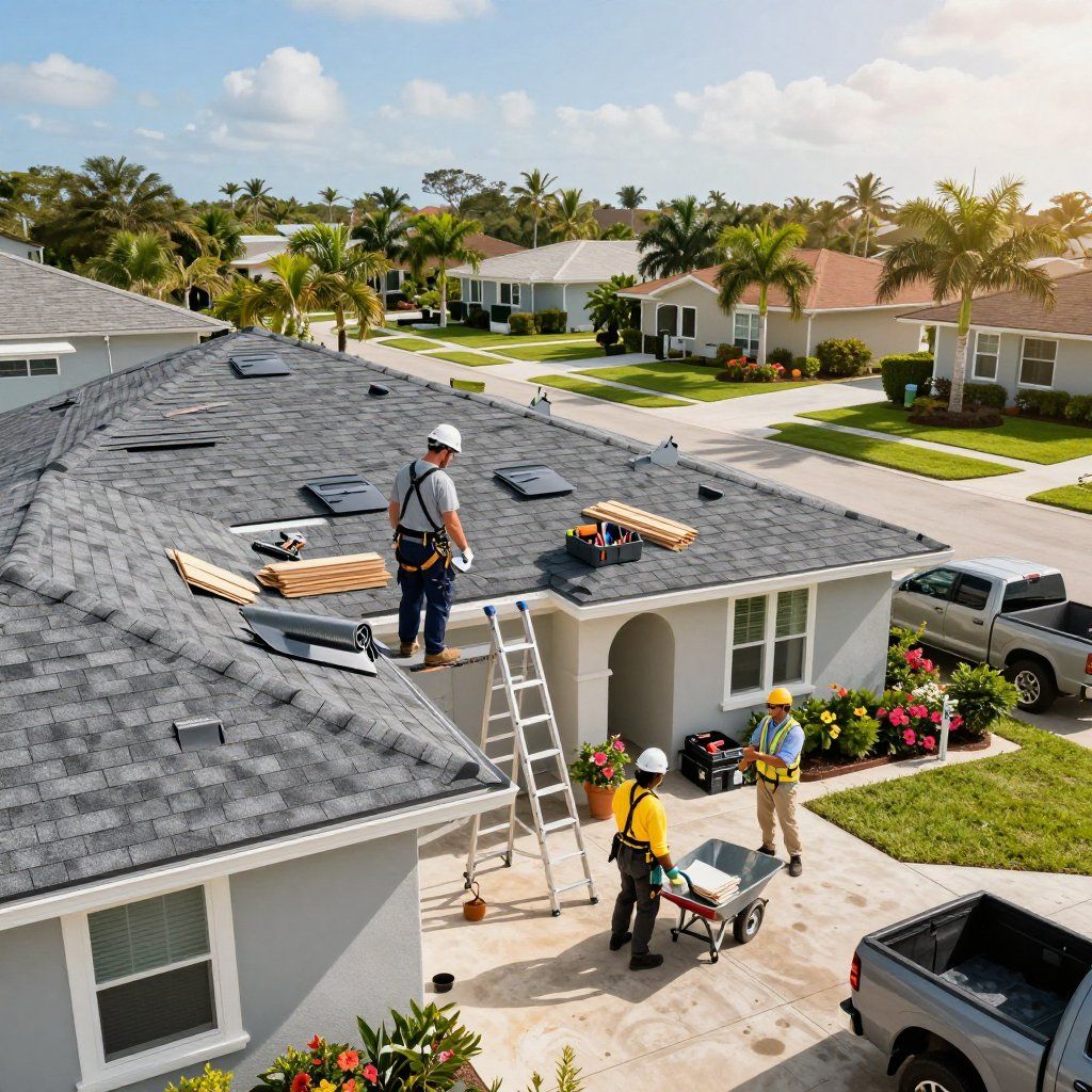 Roofers working on a house roof in a suburban neighborhood, tools, truck.