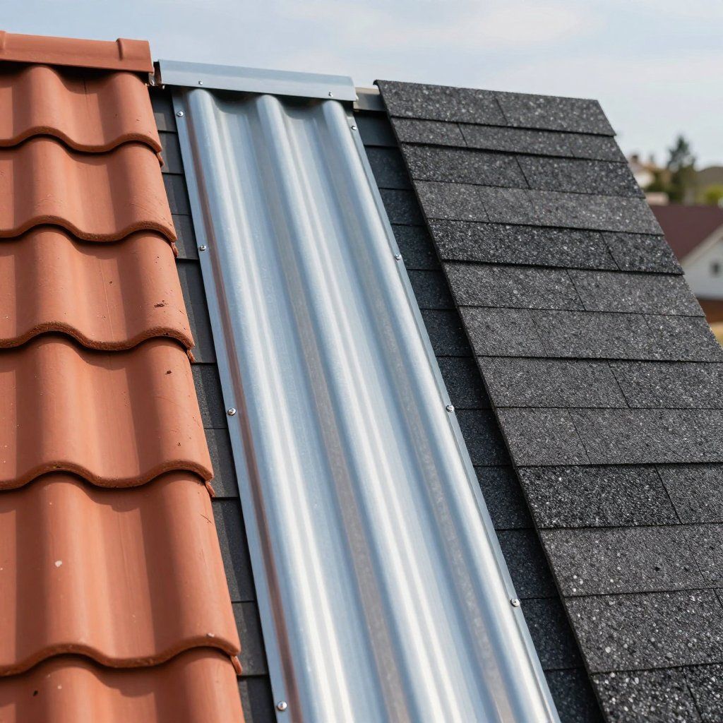 Sections of roof with different materials: red tile, corrugated metal, and black asphalt shingles.