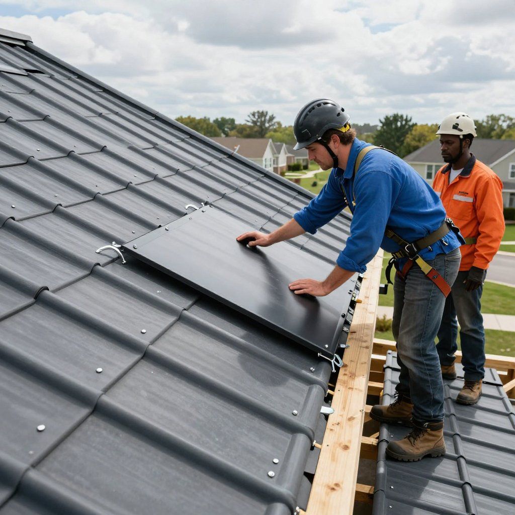 Two workers installing solar panel on a tiled roof. One man is adjusting the panel, the other watches.