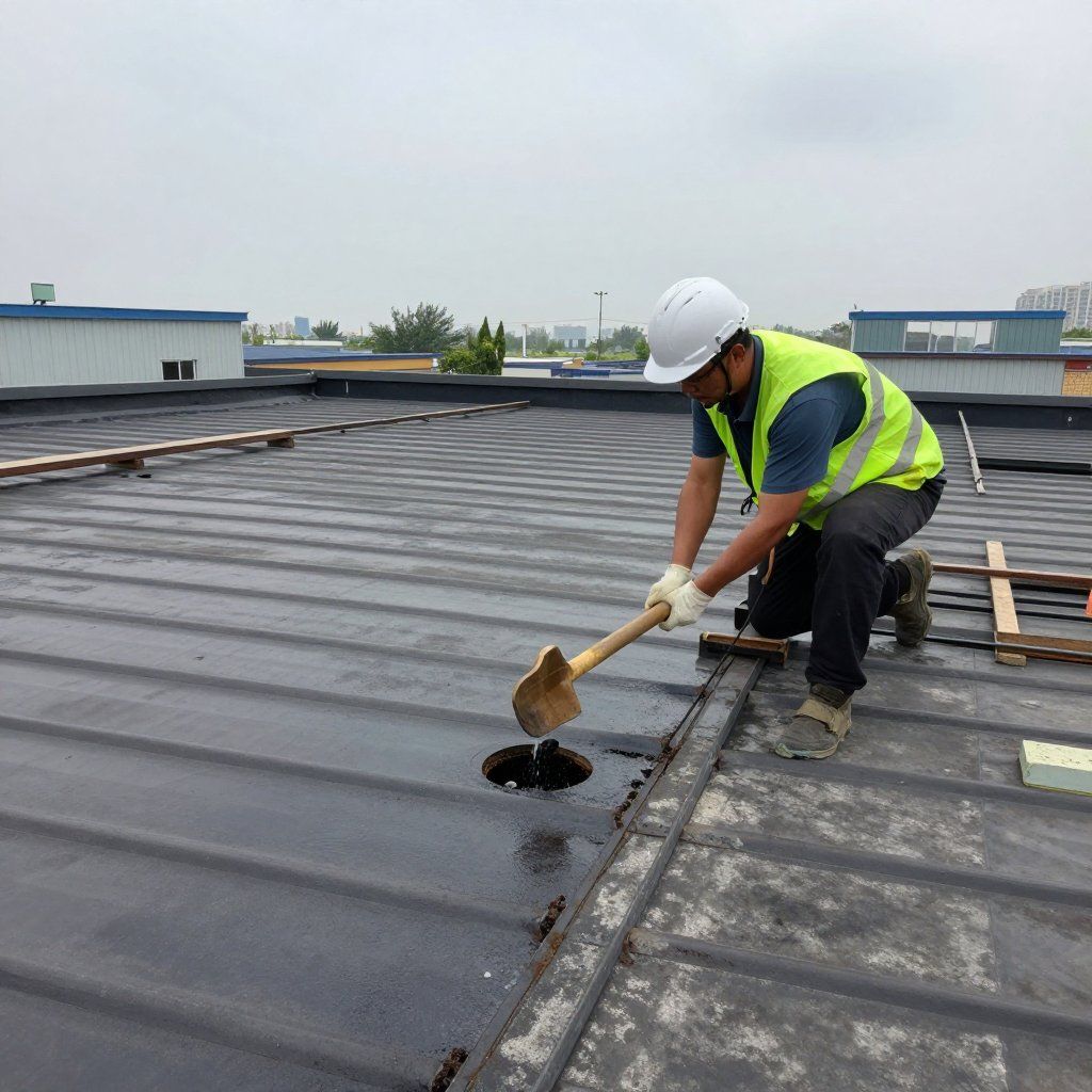 Man on a rooftop, using a hammer-like tool to work on a circular opening. Cloudy day.