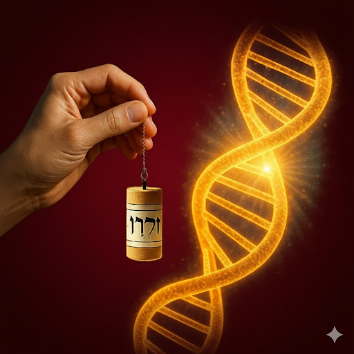 Mano sosteniendo un pergamino con texto hebreo junto a una cadena de ADN brillante. Fondo rojo oscuro.