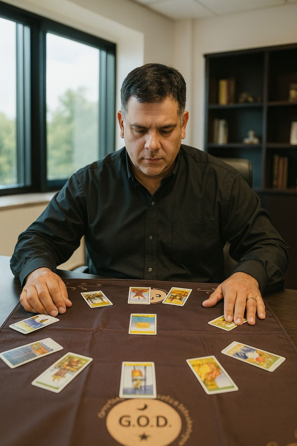 Hombre sentado a la mesa con cartas de tarot, mirando fijamente. Camisa oscura, fondo de ventana.
