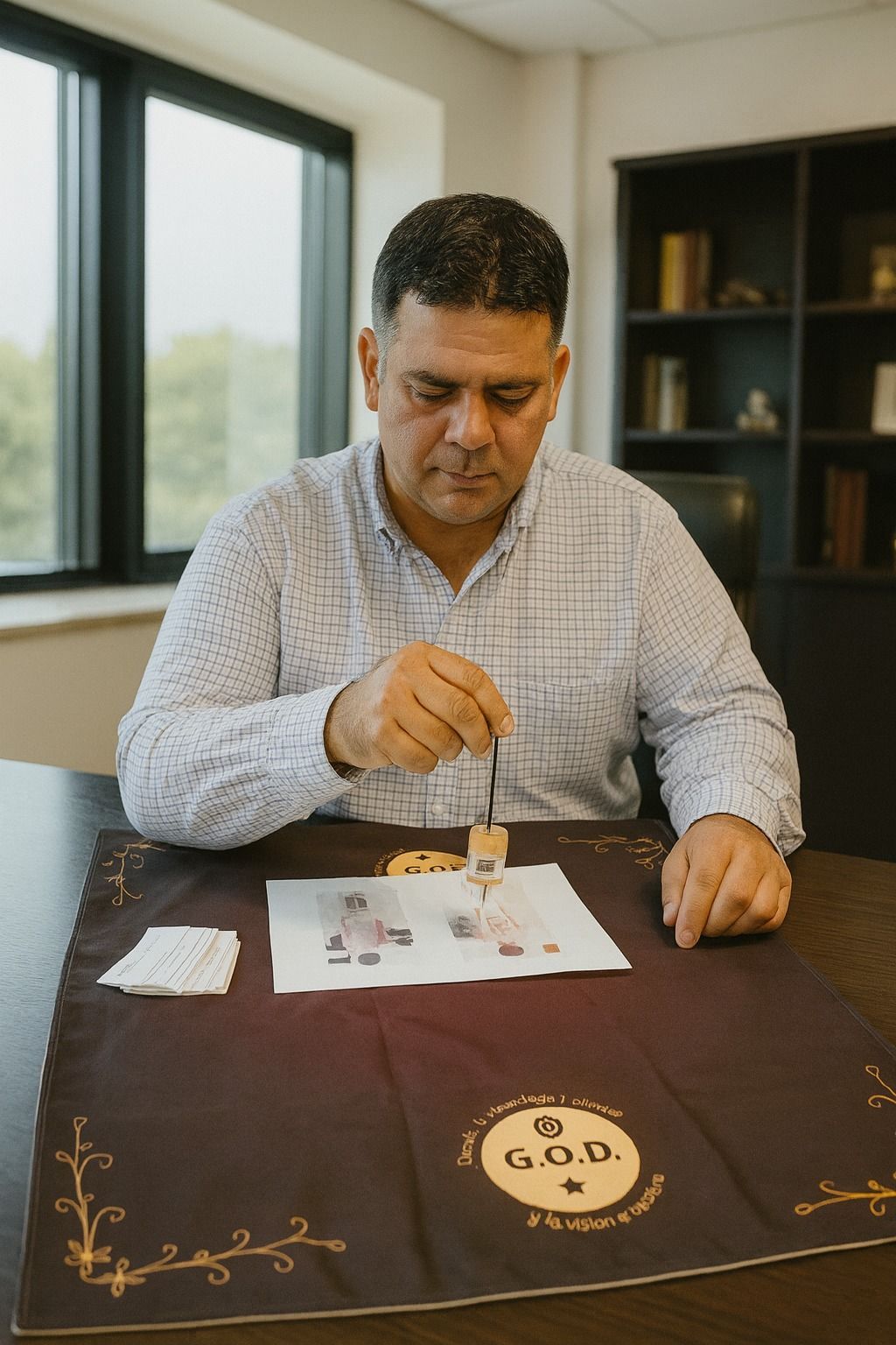 Hombre usando un péndulo sobre un gráfico sobre una mesa, posiblemente para adivinación.