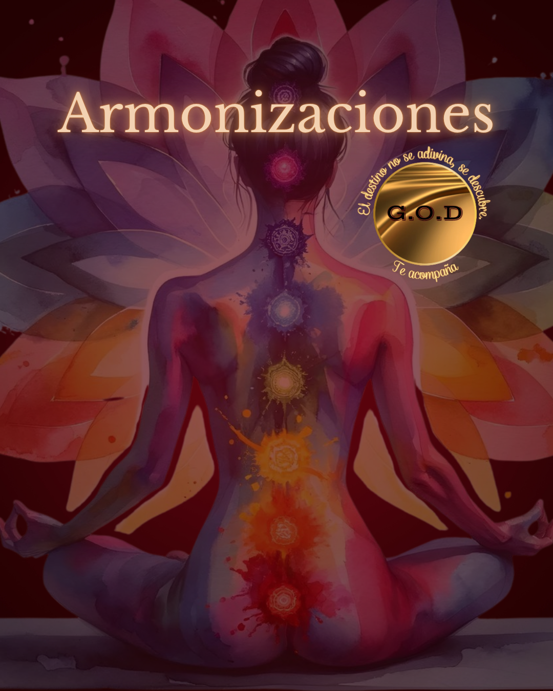 Mujer meditando, colores de los chakras superpuestos en su cuerpo, título 