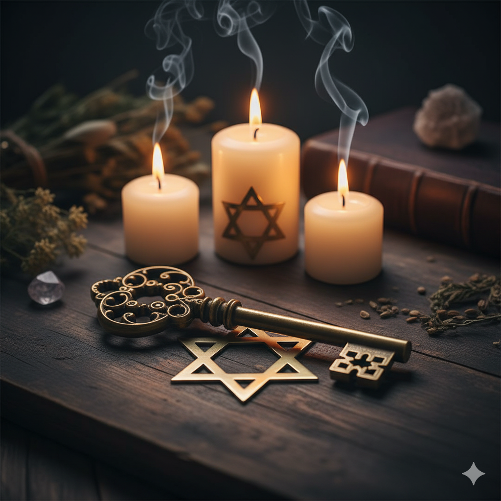 Tres velas con estrella de David, una llave, un libro y hierbas sobre una superficie de madera.