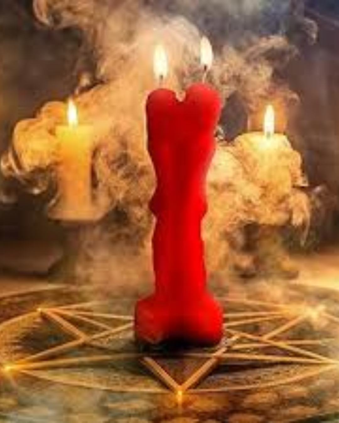 Vela roja con tres mechas rodeada de humo y otras velas sobre un pentagrama.