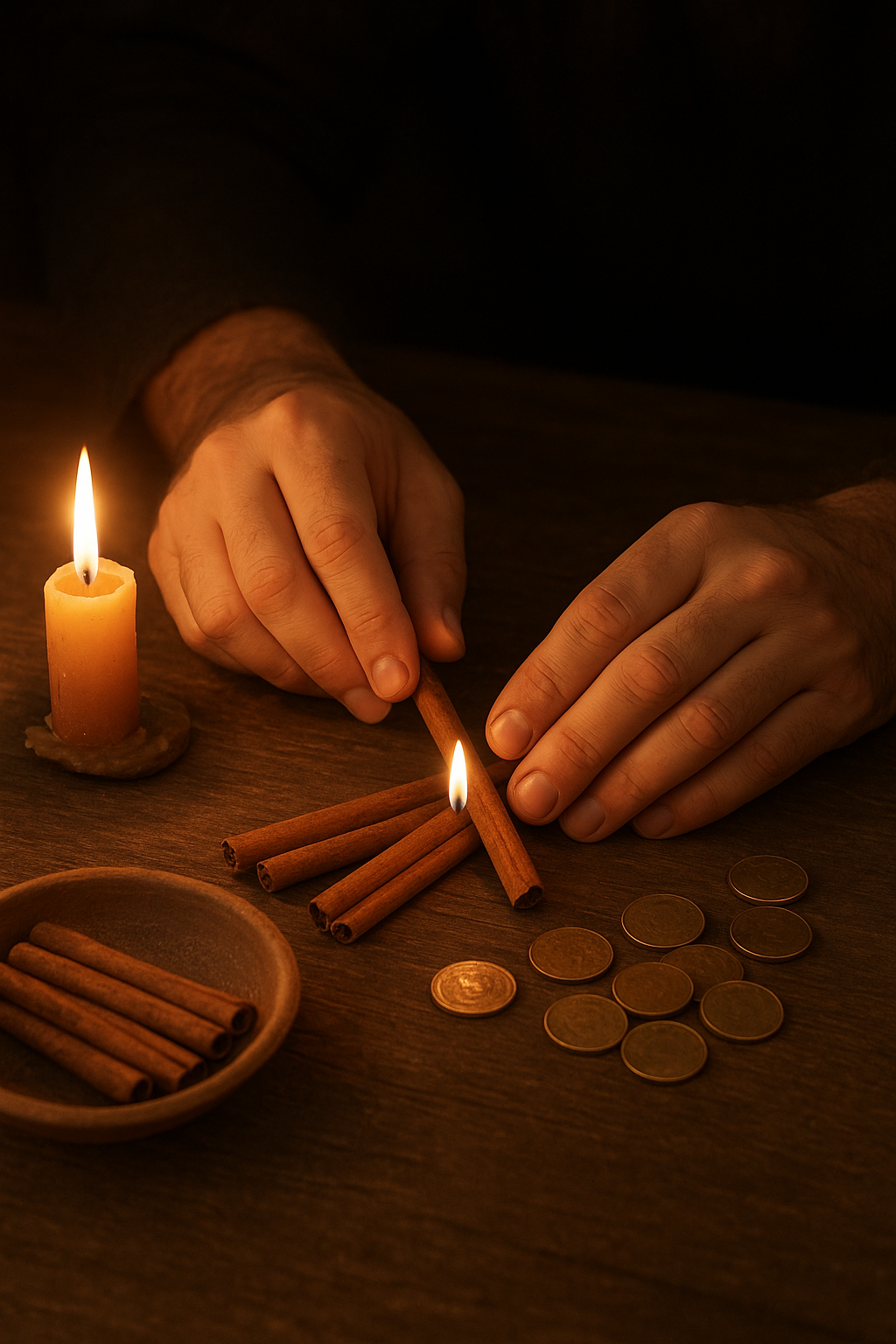 Manos encendiendo ramas de canela con una vela, monedas y más canela sobre una mesa de madera.