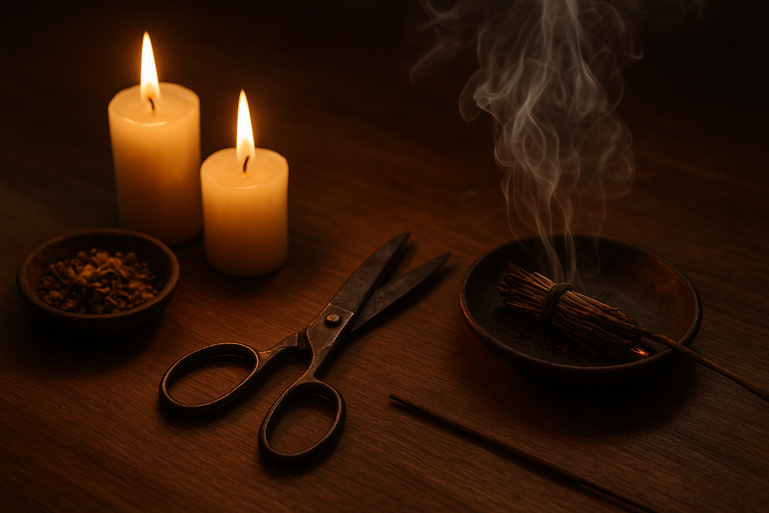 Dos velas encendidas junto a unas tijeras, un pequeño cuenco de gránulos e incienso humeante.