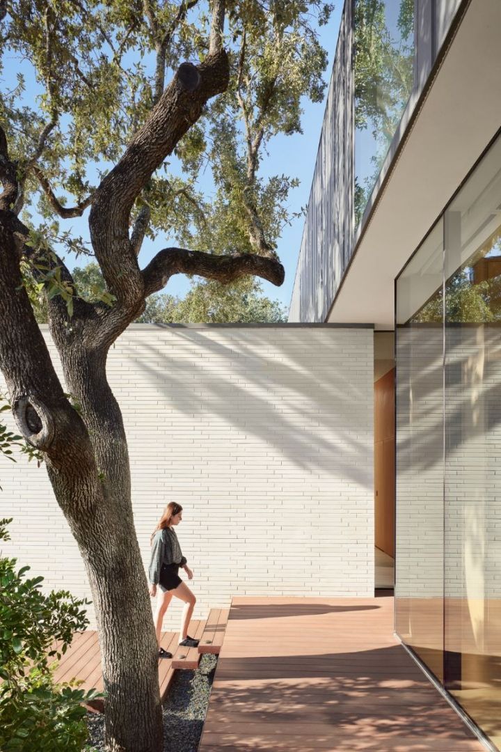 Woman walking on wooden walkway next to a white-brick wall and glass building, with a tree in the foreground.