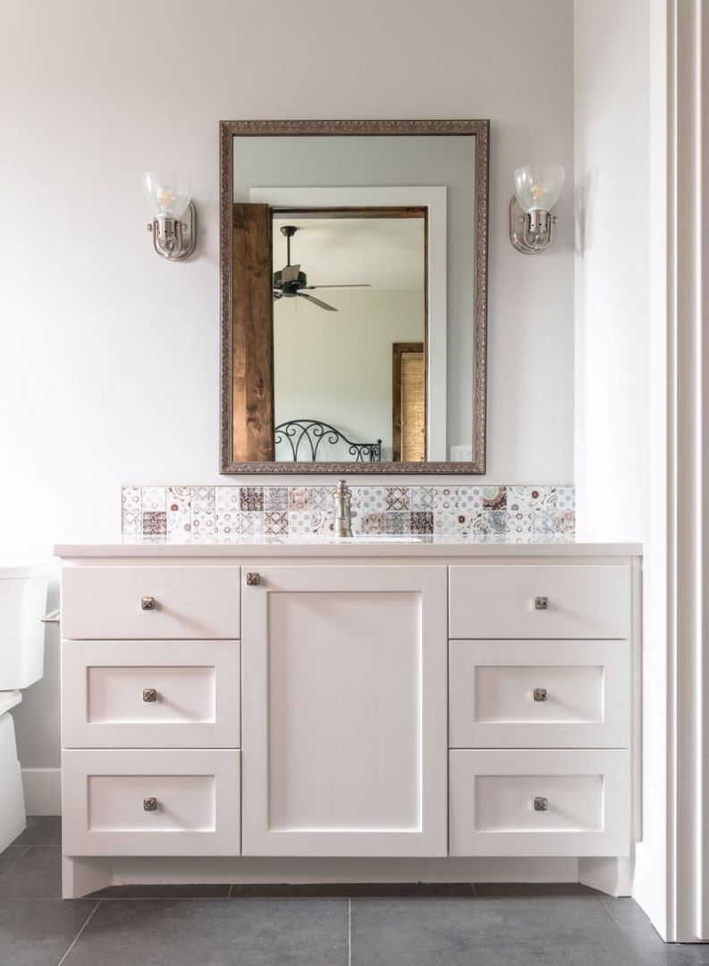 White bathroom vanity with mirror, sconces, and decorative backsplash.