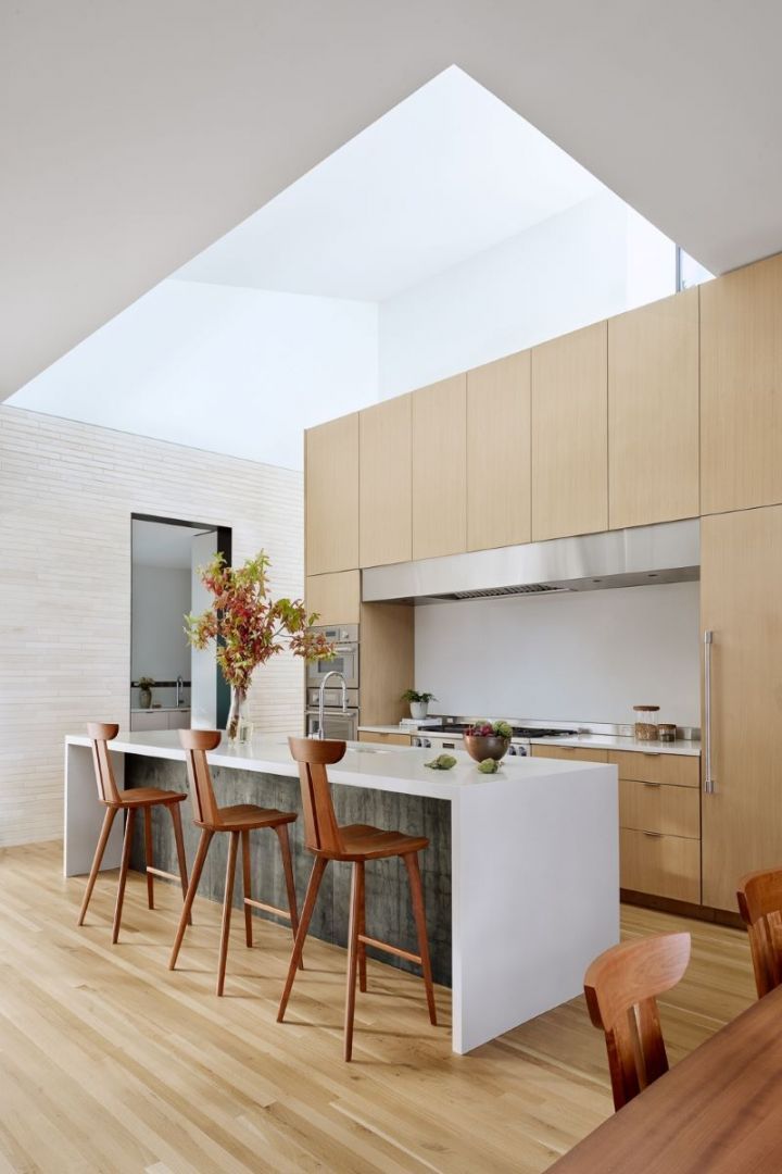 Modern kitchen with light wood cabinets, white island with bar stools, and high skylight.