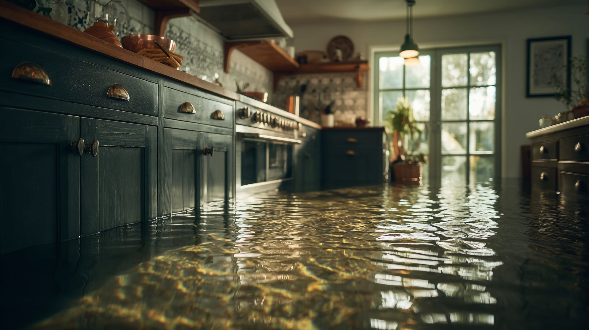 Flooded kitchen with dark cabinets and water damage; protect your home with flood insurance.