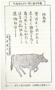 A black and white drawing of a cow with Japanese writing on it.
