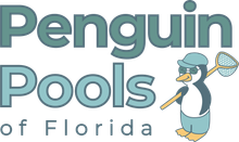 The logo for penguin pools shows a penguin holding a fishing net.