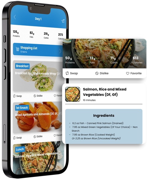 A cell phone with a screenshot of a recipe on the screen. Joumana, workout and nutrition programs