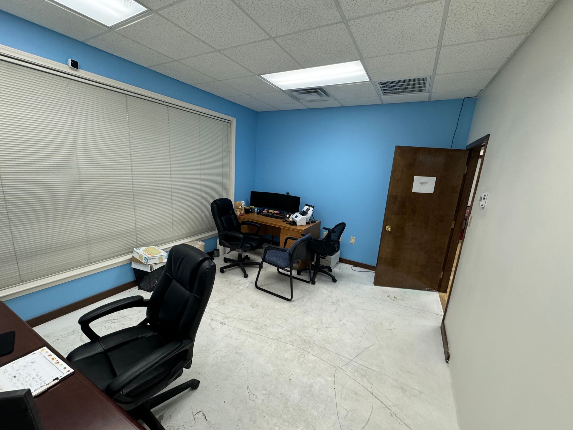 Office space with blue walls, desks, chairs, and a window with blinds.