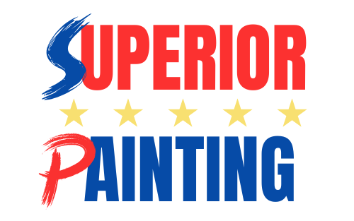 Logo for Superior Painting: "SUPERIOR" in red, blue brushstroke "S," with yellow stars above "PAINTING" in red, blue brushstroke "P."
