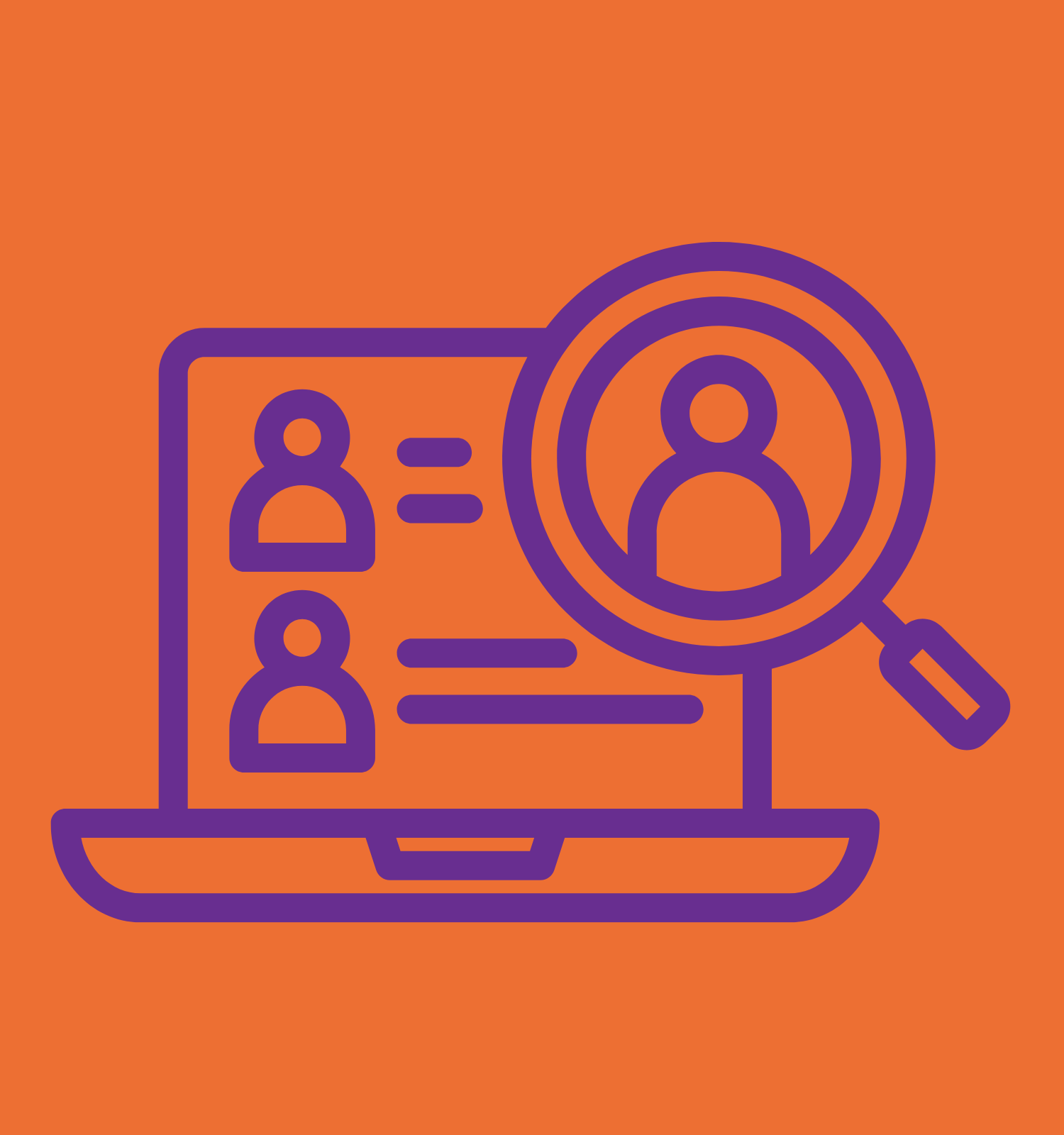 A laptop with a magnifying glass and a person on it.