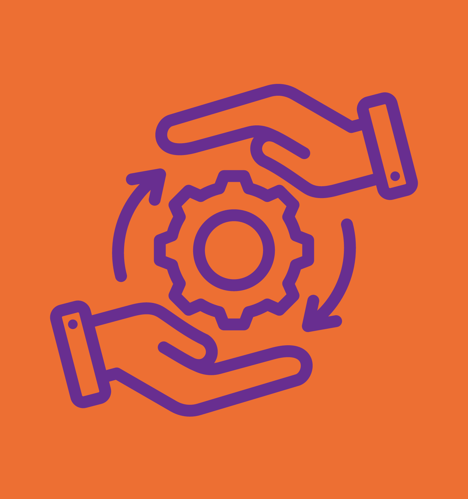 A pair of hands holding a gear with arrows around it.